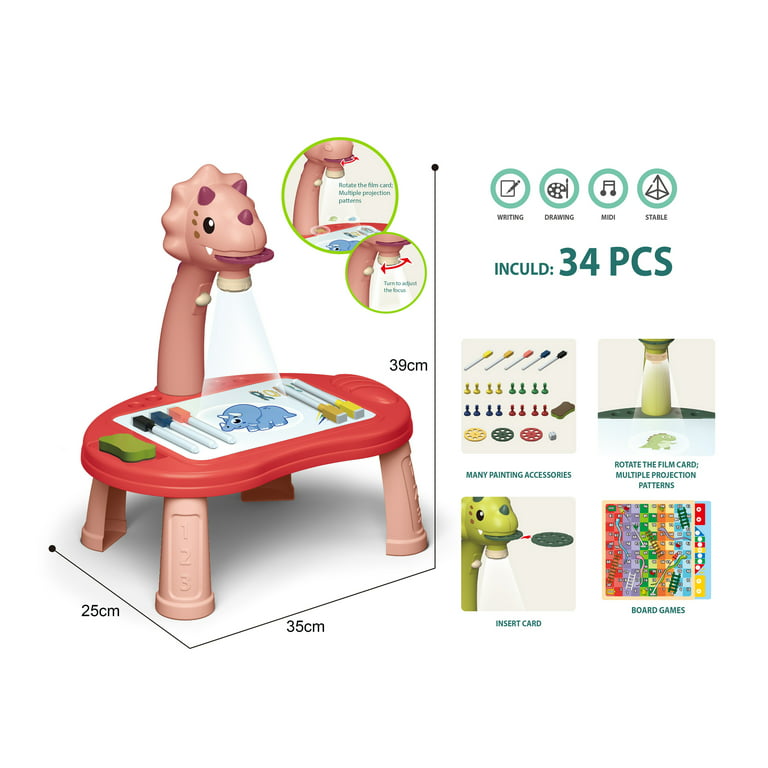 Drawing Art Projector Table for Kids Trace and Draw 34 Pcs, Dinosaur Board  (Pink) Mundo Toys 