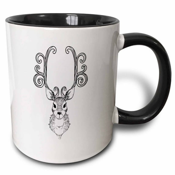 3drose, Drawing Deer Head with Antlers Design Animal Nature Hunting, 15oz Two-tone Black Mug