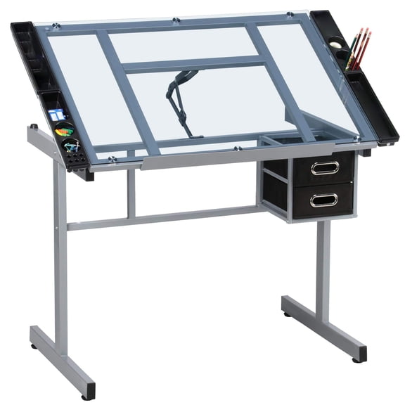 Drawing Desk,Adjustable Glass Drafting Table for Artists,Painters, and Home Office Use,Versatile Art Craft Station with2Slide Rolling Wheels and Drawers,Ideal for Diamond Painting,Grey