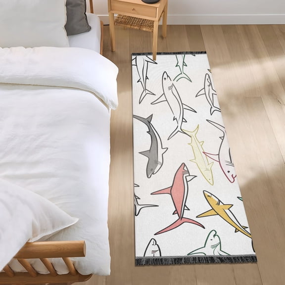 Drawing Fishes Doddle Style Bedside Runner Rug 2'x 6' Non Slip Carpet Floor Mat Area Rug