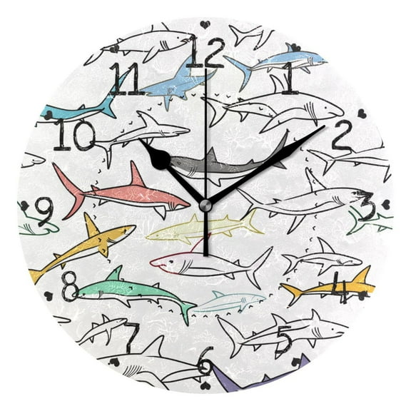 Drawing Fishes Doddle Style Round Wall Clock Silent Analog Battery Operated Black Pointer Home Decor 9.84" Diameter