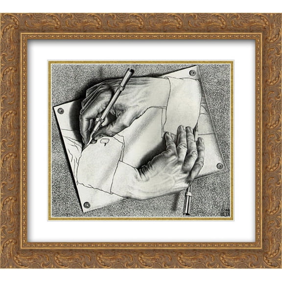 Drawing Hands 2x Matted 18x15 Gold Ornate Framed Art Print by M.C. Escher