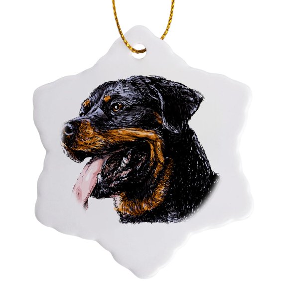 3drose, Drawing of a Cute Rottweiler Sticking Out His Tongue, 3 inch Snowflake Porcelain Ornament