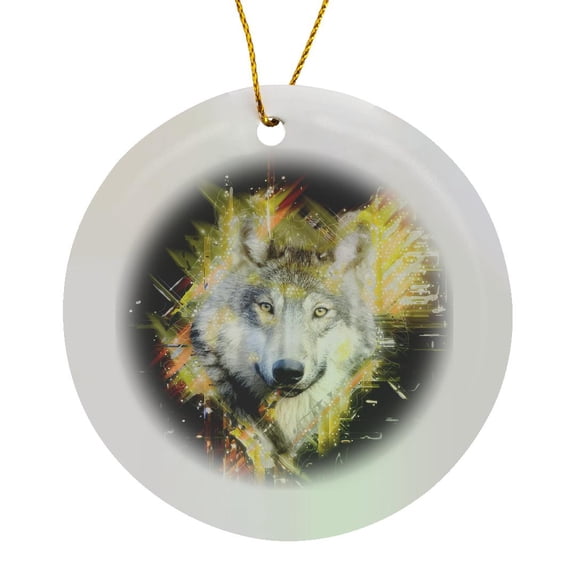 3drose, Drawing of a Wolfs Head Coming Out of a Black Background Sparkling, Circle Porcelain Ornament