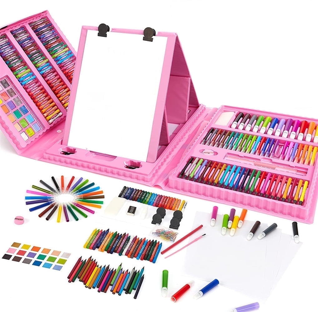 Drawing Painting Sets for Girls,Kids Art Set Case Included Double Sided Trifold Easel, Art Supplies Sets with Oil Pastels, Crayons, Colored Pencils, Watercolor Pens, Gifts for Girls (Pink, 208Pcs)