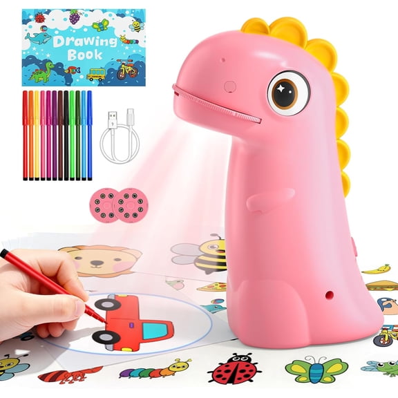 Drawing Projector for Kids,CS COSDDI Rechargeable Dinosaur Projector for Kids,Easy Tracing Toy for Toys Ages 3-14 to Learn Drawing, Perfect Art & Craft Gift for Girls & Boys (Pink)
