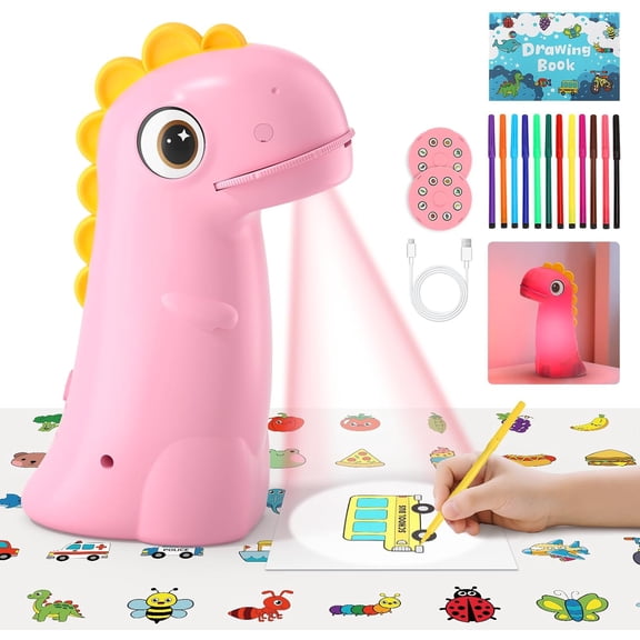 Drawing Projector for Kids,CS COSDDI Rechargeable Dinosaur Projector for Kids,Easy Tracing Toy for Toys Ages 3-14 to Learn Drawing, Perfect Art & Craft Gift for Girls & Boys (Pink)