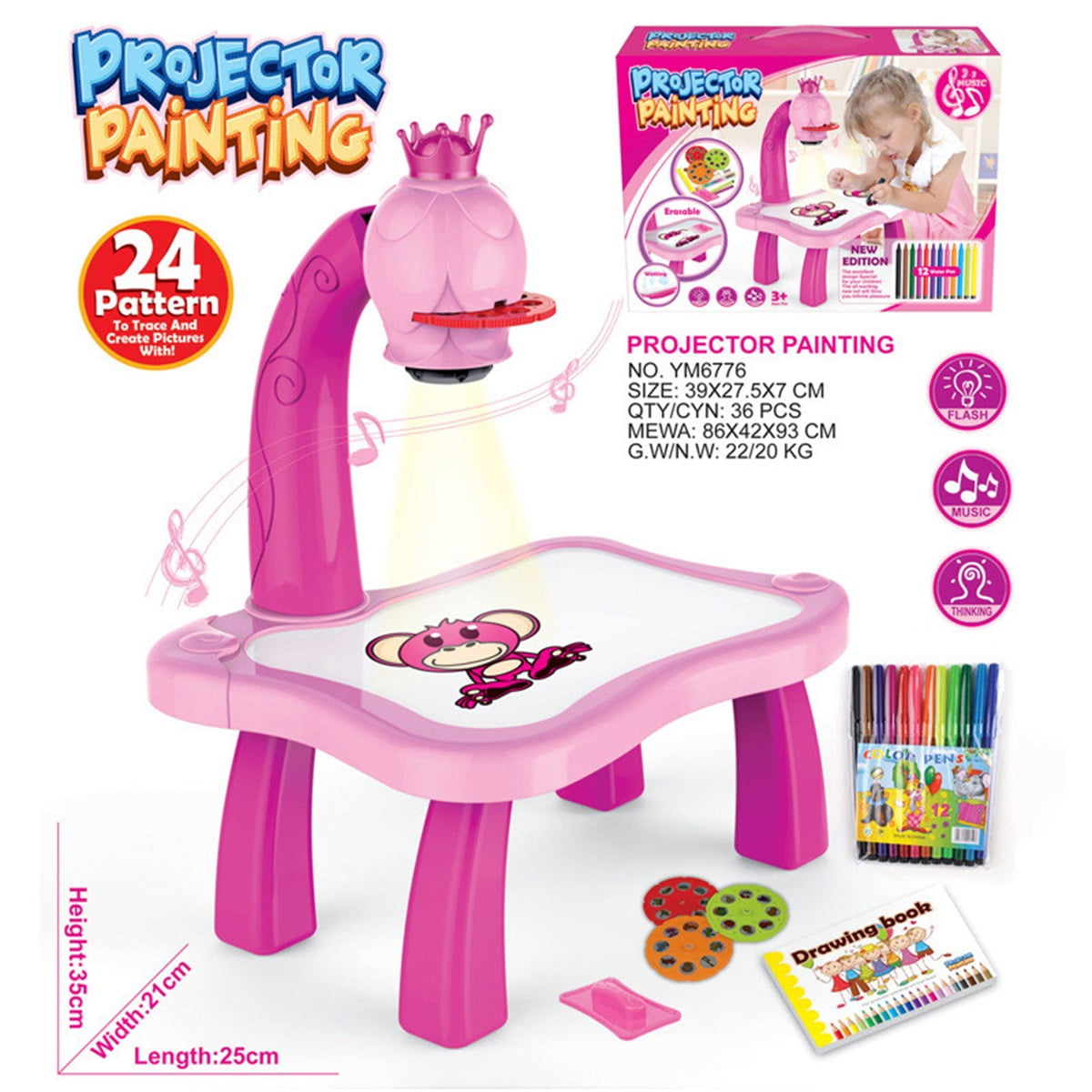 Drawing Projector Painting kit - Kids Drawing Board with Music Projection  Painting Set Drawing Art Table Doodle Board Table for Girls & Boys  Educational Learning Toys for Toddlers 1 2 3 Year Olds 