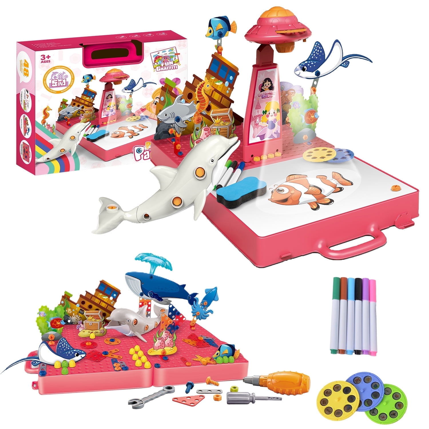 AYAMAYA Drawing Projector for Kids, Art Sketch Projector with 48 Pattern, 6 Color Pens, 4 Doodle Board, Puzzle Cards for Drawing & Tracing, Pinkcing