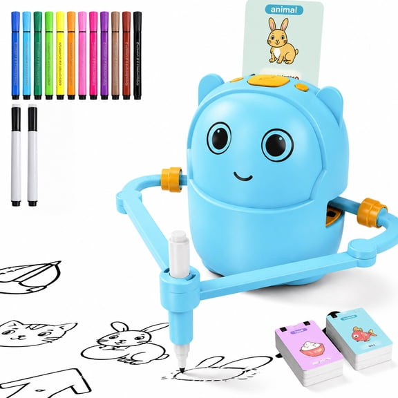 Drawing Robot for Kids, Interactive Educational Drawing Robot Toy with 100 Word Cards & 12 Color Pens , Montessori Painting Learning Toys for Kids Ages 3–8, Birthday Gift(Blue)