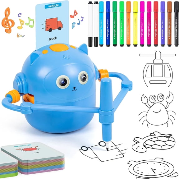 Drawing Robot for Kids, Interactive Educational Drawing Robot with Voice Interaction, Magic Painting Robot Toy with 100 Word Cards & 16 Color Pens for Girls and Boys Age 3+ (Blue)