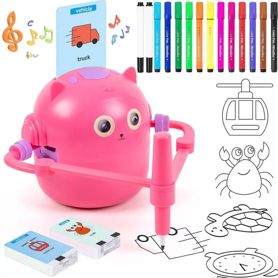 Drawing Robot for Kids, Interactive Educational Drawing Robot with Voice Interaction, Magic Painting Robot Toy with 100 Word Cards & 16 Color Pens for Girls and Boys Age 3+ (Pink)