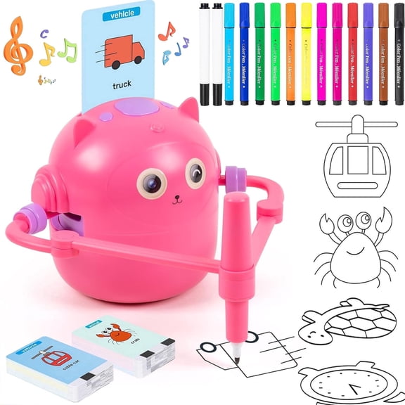 Drawing Robot for Kids, Interactive Educational Drawing Robot with Voice Interaction, Magic Painting Robot Toy with 100 Word Cards & 16 Color Pens for Girls and Boys Age 3+ (Pink)