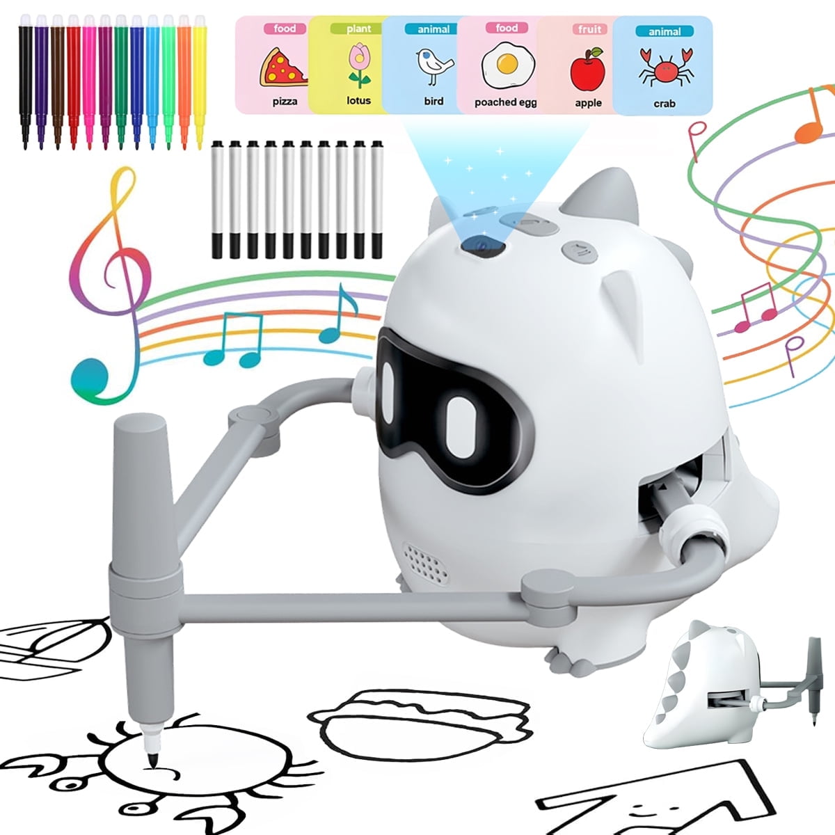 Drawing Robot for Kids, Interactive Learning Educational Robot Toys with 100 Word Cards, Painting Learning Toys for Kids Birthday Christmas Gift, White Dinosaur Toys