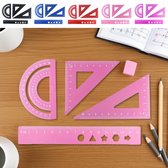 Drawing Ruler Geometry Set, Aluminum Alloy Undergraduate Drafting Tools with Straight Edge Triangle Protractor and Stencil Shapes for Educational Homework Art Projects, Topliu