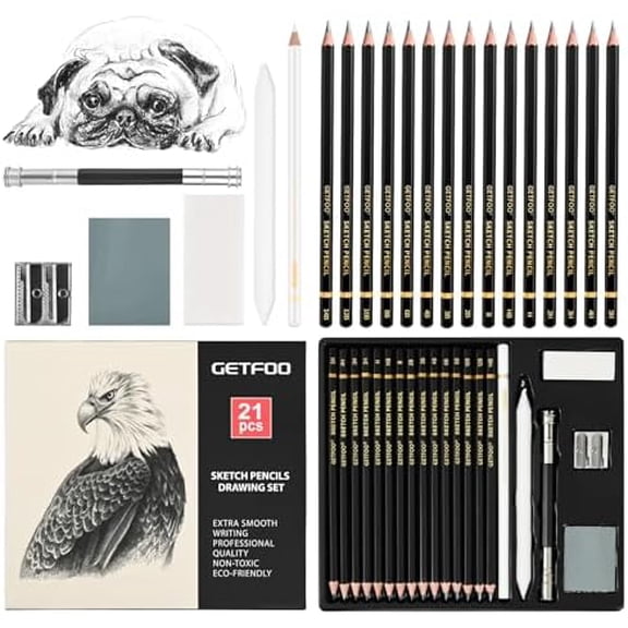 Drawing Sketching Pencil Set 21 Pack Art Pencil Kit with Graphite Pencils (14B-5H), Charcoal Pencil, Ideal for Shading, Blending, Drawing Set for Beginners & Pro Artists$$Office