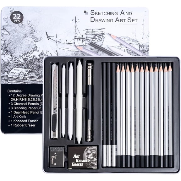 Drawing Sketching Pencil Set, 22 PCS Graphite and Charcoal Pencils with Blending Stumps, Erasers, Art Knife & Pencil Extender in Metal Box, Artist Sketching Supplies for Drawing & Shading (22 Pcs)