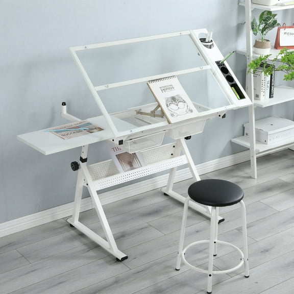 Drawing Table With Compartments Trays Hanging Drawers Anti-slip Anti-scratch Adjustable Extended Drafting Printing Table