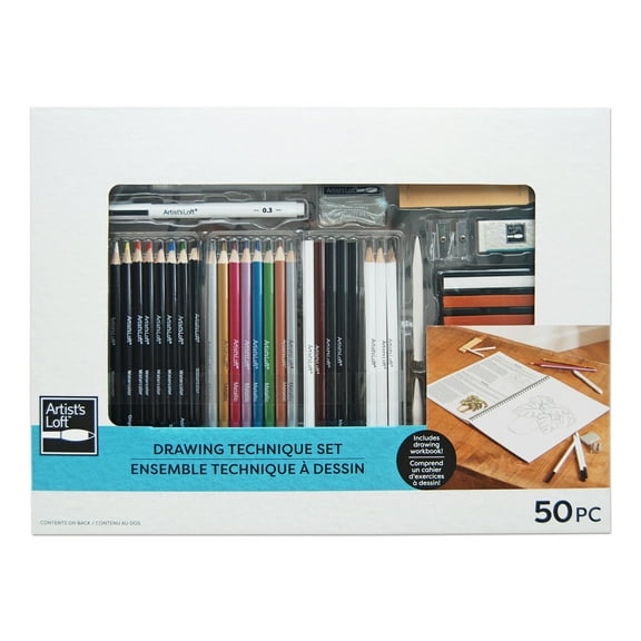 Drawing Technique Set by Artist's Loft - Includes Drawing Book - Watercolor Pencils - Graphite Sticks - Pastels - and Erasers - 1 Set
