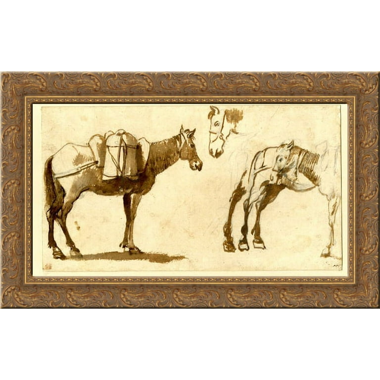 Drawing of mules, including one full length 24x16 Gold Ornate Wood