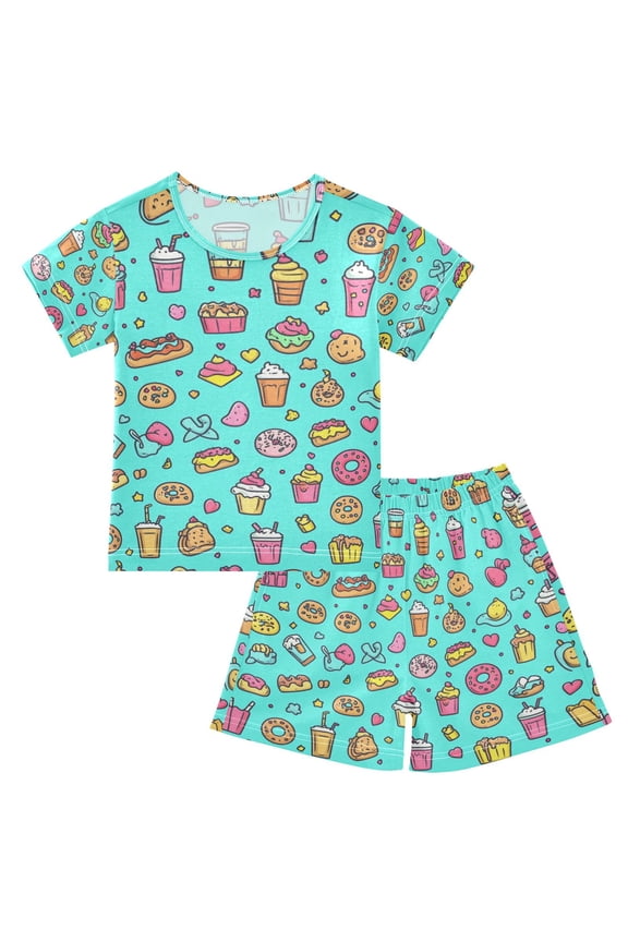 Food Icon Summer Pajama Set Soft Cotton Short Sleeve Sleepwear 2PCS Pajama Sets Breathable Lounge Set Size 5Y