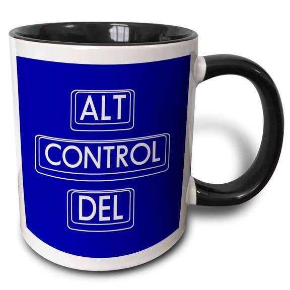 3drose, Drawings of Computer Keyboard Keys Alt, Control, Del, White on Blue, 11oz Two-tone Black Mug