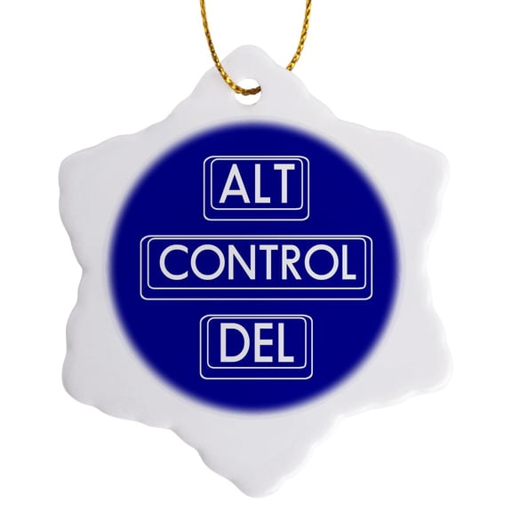 3drose, Drawings of Computer Keyboard Keys Alt, Control, Del, White on Blue, 3 inch Snowflake Porcelain Ornament