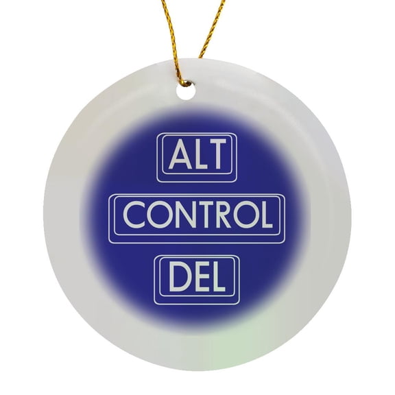 3drose, Drawings of Computer Keyboard Keys Alt, Control, Del, White on Blue, Circle Porcelain Ornament