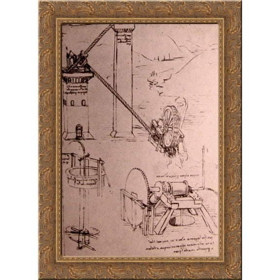 Drawings of machines 24x18 Gold Ornate Wood Framed Canvas Art by Leonardo da Vinci