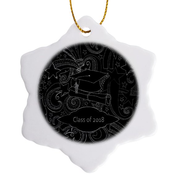 3drose, Drawn Cap and Diploma, Stars Curly Designs, Class of 2018 White Black, 3 inch Snowflake Porcelain Ornament