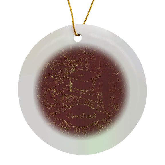 3drose, Drawn Cap Diploma, Stars Curly Designs, Class of 2018 Non Metallic Gold Red, Circle Porcelain Ornament