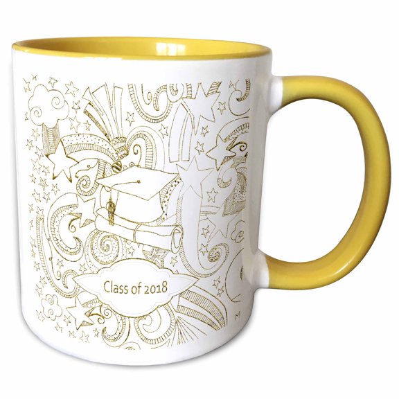 3drose, Drawn Cap Diploma Stars Curly Designs Class of 2018 Non Metallic Gold White, 11oz Two-tone Yellow Mug