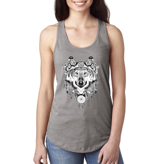 Drawn Tribal Wolf Animal Lover Ladies Racerback Tank Top, Heather Grey, Medium