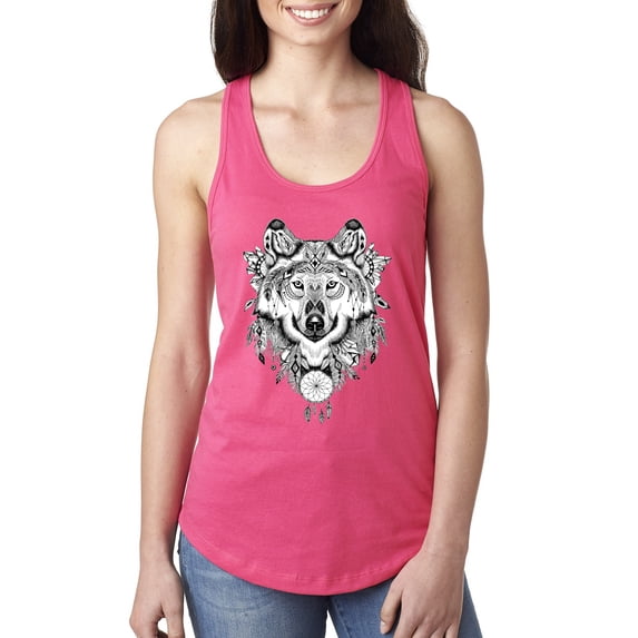 Drawn Tribal Wolf Animal Lover Ladies Racerback Tank Top, Hot Pink, X-Large