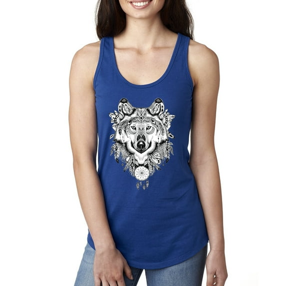 Drawn Tribal Wolf Animal Lover Ladies Racerback Tank Top, Royal, X-Large