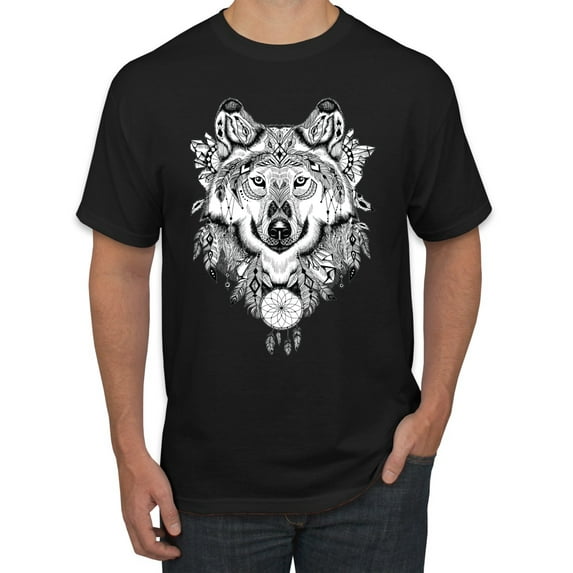 Drawn Tribal Wolf Animal Lover Men's Graphic T-Shirt, Black, Small