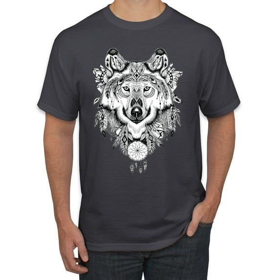 Drawn Tribal Wolf Animal Lover Men's Graphic T-Shirt, Charcoal, 4XL