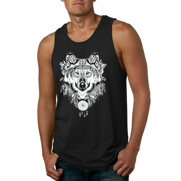 Drawn Tribal Wolf Animal Lover Mens Graphic Tank Top, Black, Small