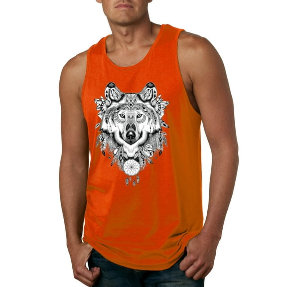 Drawn Tribal Wolf Animal Lover Mens Graphic Tank Top, Orange, 2XL