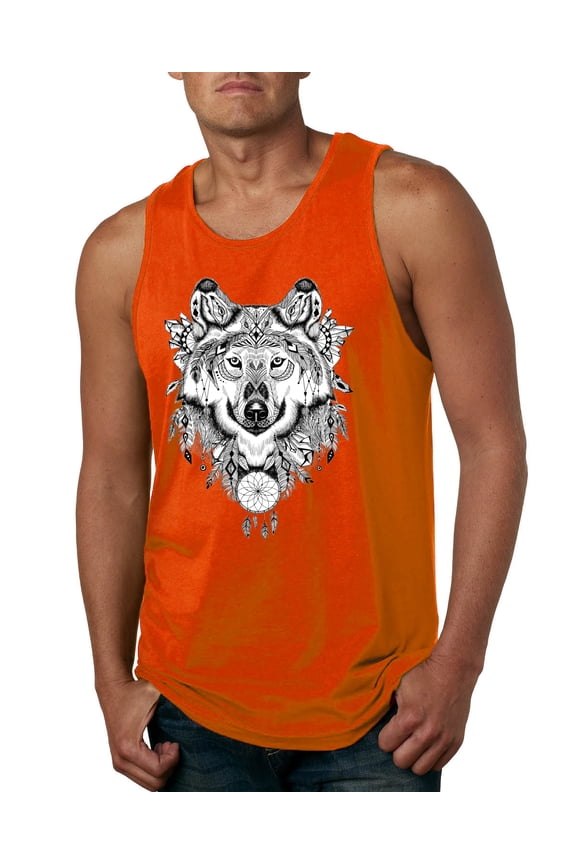 Drawn Tribal Wolf Animal Lover Mens Graphic Tank Top, Orange, Small