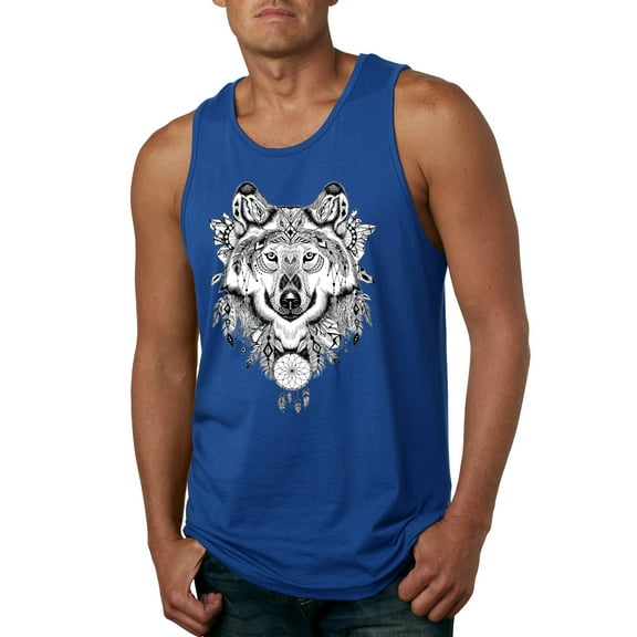 Drawn Tribal Wolf Animal Lover Mens Graphic Tank Top, Royal, X-Large