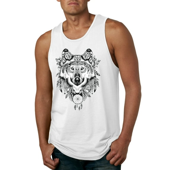Drawn Tribal Wolf Animal Lover Mens Graphic Tank Top, White, 2XL