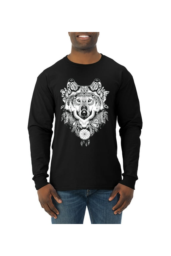 Drawn Tribal Wolf Animal Lover Mens Long Sleeve Shirt, Black, Medium
