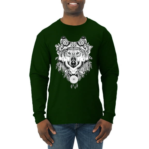 Drawn Tribal Wolf Animal Lover Mens Long Sleeve Shirt, Forest Green, 2XL