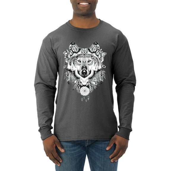 Drawn Tribal Wolf Animal Lover Mens Long Sleeve Shirt, Heather Black, Medium