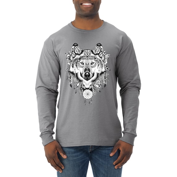 Drawn Tribal Wolf Animal Lover Mens Long Sleeve Shirt, Heather Grey, Medium
