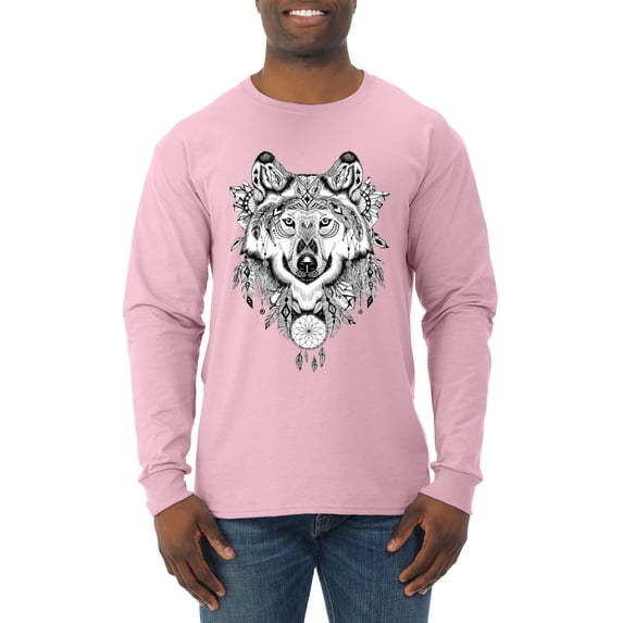 Drawn Tribal Wolf Animal Lover Mens Long Sleeve Shirt, Light Pink, Medium