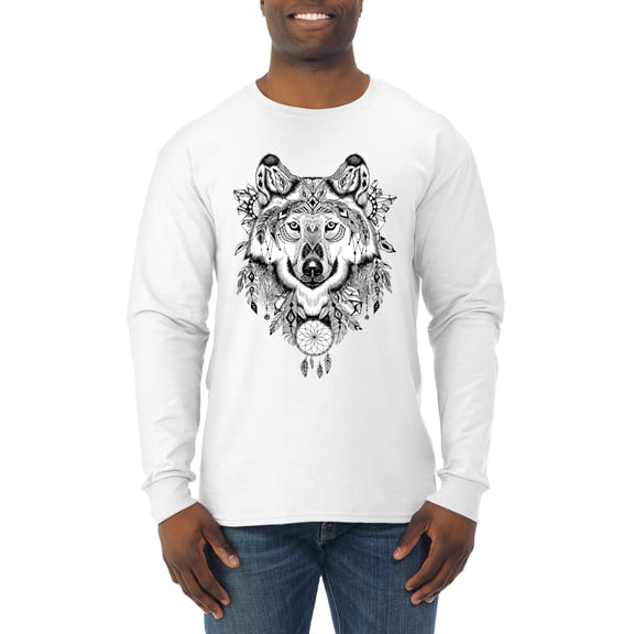 Drawn Tribal Wolf Animal Lover Mens Long Sleeve Shirt, White, Large