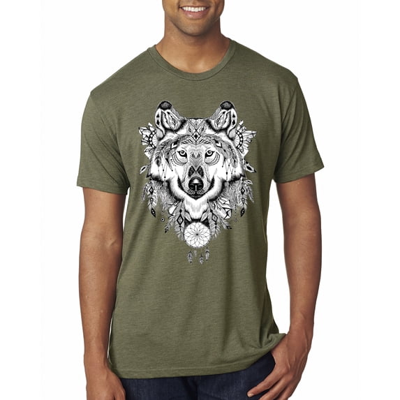Drawn Tribal Wolf Animal Lover Mens Premium Tri Blend T-Shirt, Military Green, X-Large
