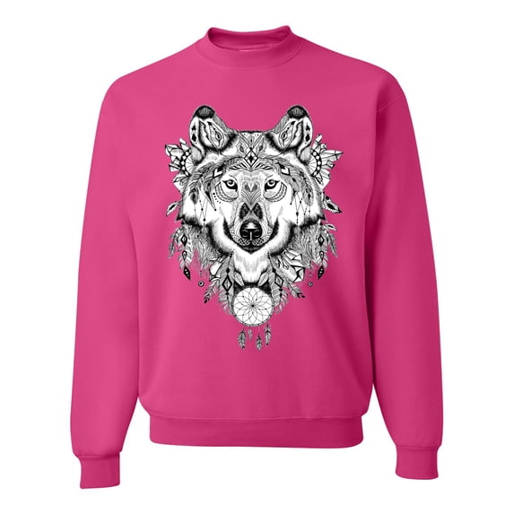 Drawn Tribal Wolf Animal Lover Unisex Crewneck Graphic Sweatshirt, Fuschia, 3XL